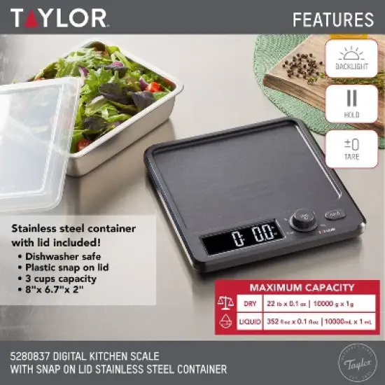 Taylor 22lb Stainless Steel Digital Kitchen Food Scale with Container Black/Gray: Oversized Display, 22lb Capacity image {2}