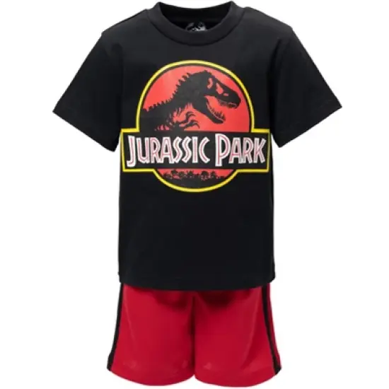 Jurassic Park Athletic Graphic T-Shirt Mesh Shorts Outfit Set Logo Black / Red  image {3}