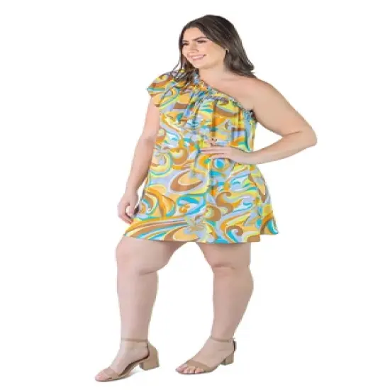 Plus Size Single Shoulder Floral Print And Ruffles Mini Dress image {1}