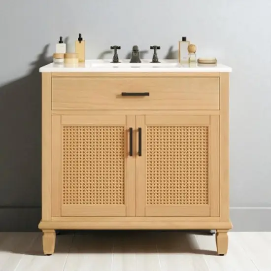 36" Rattan Bathroom Vanity with Ceramic Sink, Soft-Close Drawers & Solid Fir Legs,4" Faucet Compatible, Freestanding Vanity image {4}