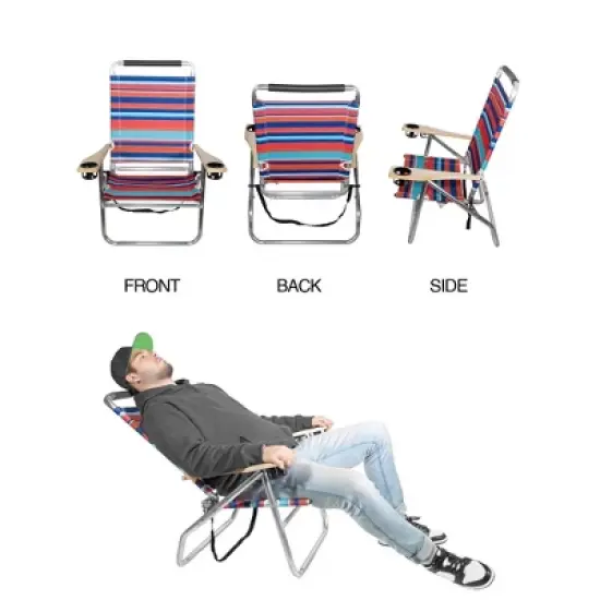 Garden Elements Foldable Reclining Aluminum Beach Chairs With Cup Holders and Carrying Strap, Multi-color (Pack of 2) image {3}