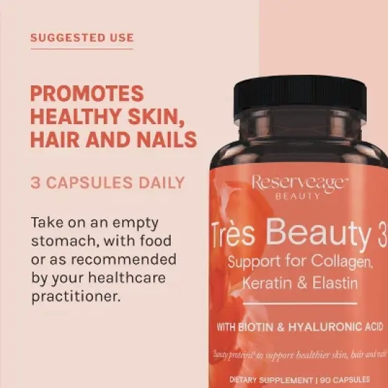 Reserveage Beauty, Tres Beauty 3, Collagen Supplement with Keratin and Biotin, Gluten Free, 90 Capsules (30 Servings) image {4}
