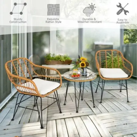 Bestier 3 Piece Patio Bistro Set, Outdoor Wicker Bistro Furniture Sets, 2 Rattan Chairs and Glass Top Table for Balcony, Porch, Poolside, Backyard image {4}