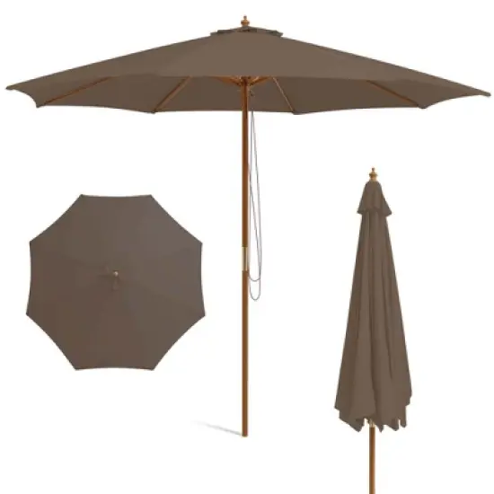 Costway 10FT Patio Wooden Market Table Umbrella Pulley with 8 Bamboo Ribs Sunshade Canopy Coffee/Gray/Navy/Wine/Beige image {11}
