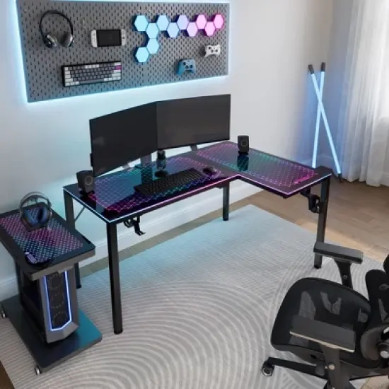 GTG-L60, 60"x23" L Shaped Glass Desktop Gaming Desk,Black,48.54" D x 60'' W x 30" H image {2}
