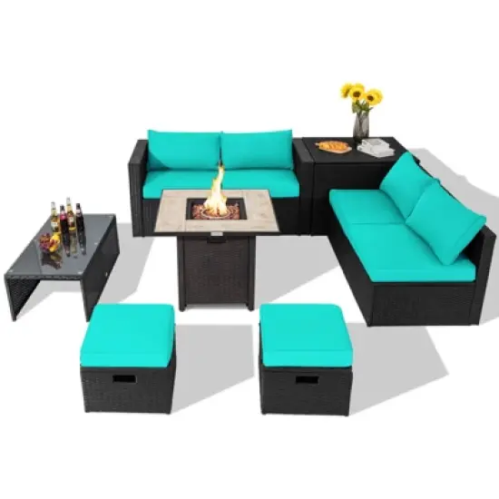 Tangkula 9 Pieces Outdoor PE Rattan Wicker Sectional Sofa with 42" Gas Fire Pit Table Space-Saving Patio Conversation Set with Storage Box Black/Grey/Navy/Red/Turquoise/Off White image {15}