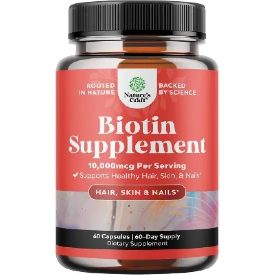 Pure 10000 mcg Biotin Pills for Women & Men, Natural Supplement for Shiny Thick Hair Growth, Get Clear Skin & Strong Nails, Nature's Craft, 60ct image {9}