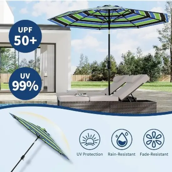 9ft Patio Umbrella, Outdoor Table, UV, Fade, Water Resistant, Crank Lift, Tilt, 8 Ribs, Metal Frame, Tricolor Stripe image {2}