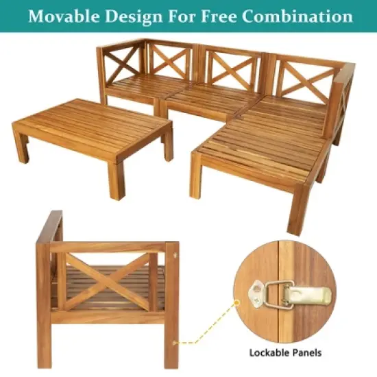 Maliang&nbsp; Outdoor Backyard Patio Wood 5-Piece Sectional Sofa Seating Group Set with Cushions, Natural Finish+ Cushions image {11}