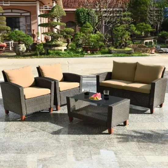 Costway 4PCS Patio Rattan Furniture Set Solid Wood Leg Cushioned Sofa Garden Lawn image {2}