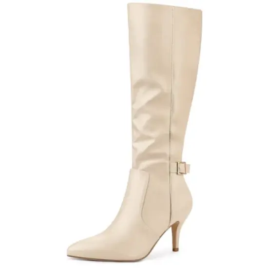 Allegra K Women's Pointy Toe Buckle Decor Side Zip Stiletto Heel Knee High Boots image {7}