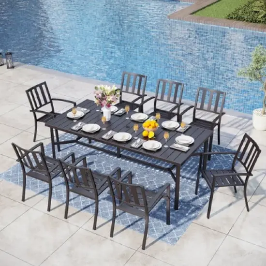 Captiva Designs 9pc Spacious Slat-top Rectangle Metal Table & Steel Stackable Chairs image {18}