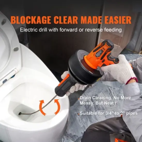 VEVOR 12V Electric Drain Auger, 25FT Cordless Plumbing Snake Auto Feed, Pipeline Snake Drain Clog Remover with Power Drill for 3/4"-2" Pipes, Black image {4}