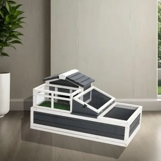 3-Room Tortoise Villa - Wooden Reptile Habitat w/ Pull-Out Tray, Ramp & Grass Mat, Open Roof for Indoor/Outdoor Use image {7}