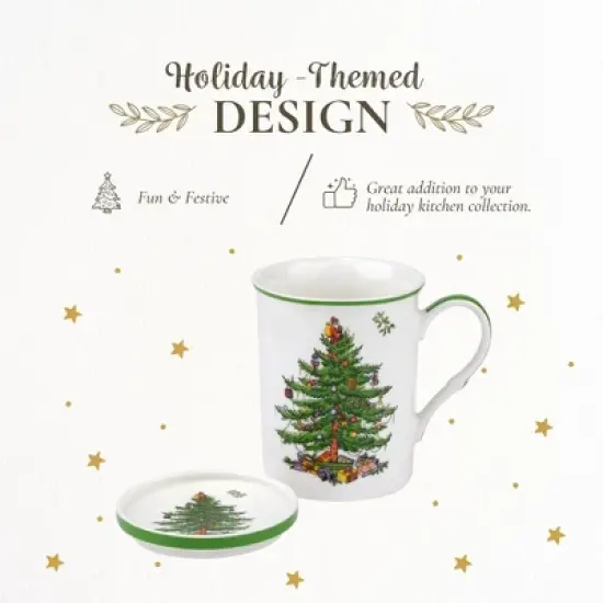 Spode Christmas Tree 14 oz Mug & Coaster Set - Ceramic Mug with Coaster - Fine Porcelain, Dishwasher & Microwave Safe - Mug & Coaster Gift Set image {2}