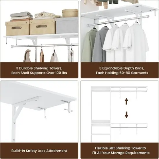 SEVOBAL Freestanding Coat Racks 5 Shelves and 4 Rods Heavy-Duty Wood Closet Organizer System， Adjustable Storage for Using, White, 15.8"*96.1"*75" image {3}