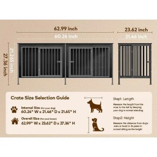 XBRIGH 78/63 Inch Dog Cage Furniture,  Double Doors Dog Kennel Furniture with Removable Divider, Thick Wooden Dog Crate Furniture for 2 Medium Dogs image {4}