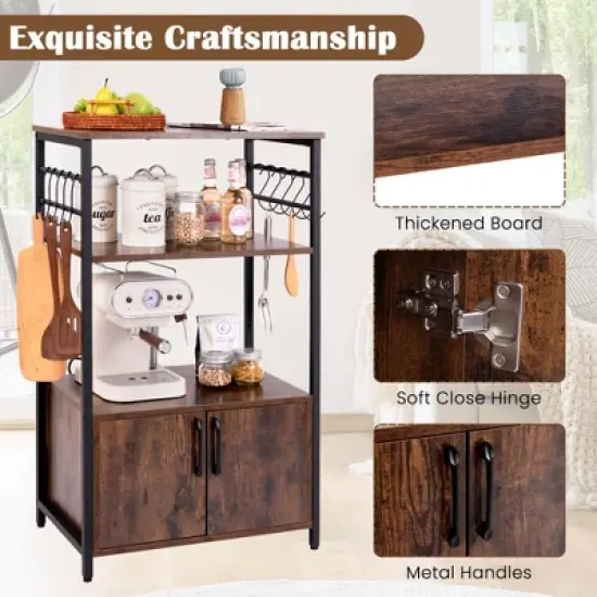 Costway 3-Tier Kitchen Baker&rsquo;s Rack with Cabinet 2 Open Shelves 10 S-Shaped Hooks image {5}