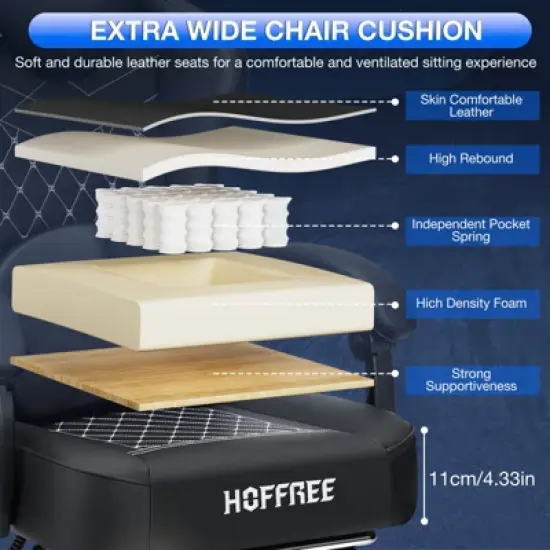 Hoffree Leather Massage Gaming Chair Ergonomic Office PC Chair with Bluetooth Speaker & Footrest image {7}