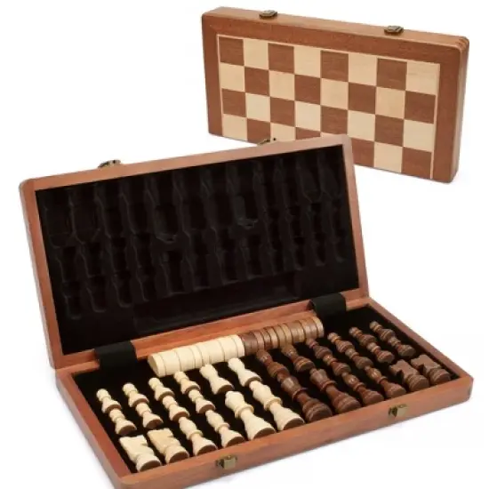GSE 15" Wooden Folding 2-in-1 Chess and Checkers Board Game Combo Set with Chess Storage Slots Drawer image {7}