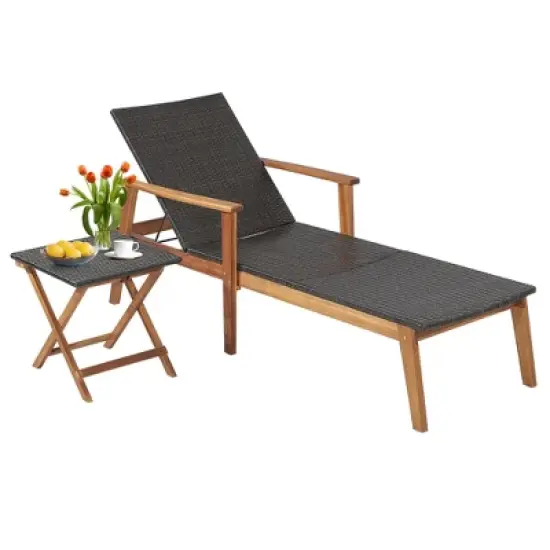 Costway 2PCS&nbsp;Patio&nbsp;Rattan&nbsp;Lounge&nbsp;Chair&nbsp;Chaise Recliner Wood Back Adjust W/Folding&nbsp;Table image {1}