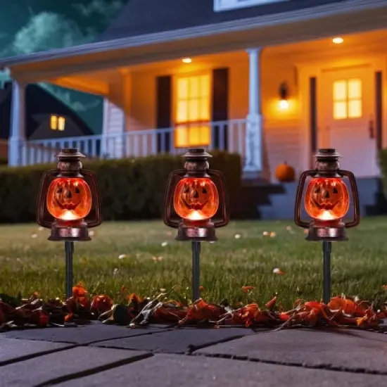 Northlight 16.5" Halloween Flickering Pumpkin Lantern Pathway Markers 3ct - Orange/Black image {1}