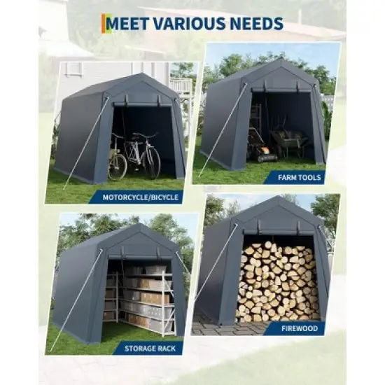 7x10FT Portable Outdoor Storage Shed with 2 Roll-Up Zipper Doors & Vents,Waterproof PE Tarp,UV-Resistant Carport for Motorcycle,Firewood,Tools-Gray image {5}