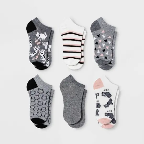 Women's Playful Cats 6pk Low Cut Socks - Gray/White 4-10: Tagless, Lightweight, Animal Pattern image {1}