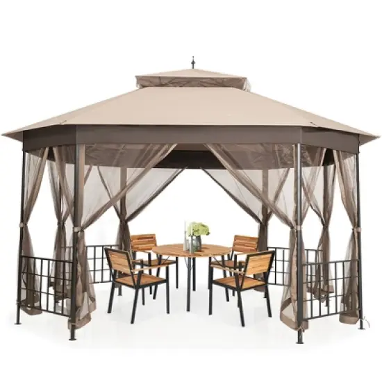 Costway 10' x 12' Octagonal Patio Gazebo Canopy Shelter Double Top W/Netting Sidewalls image {8}