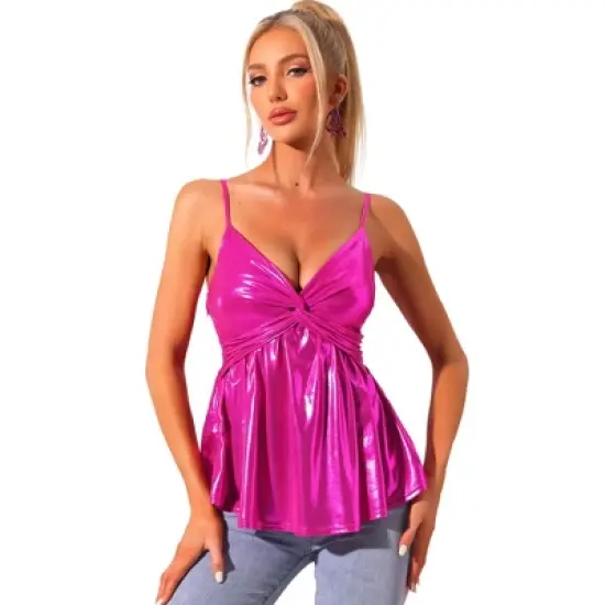 Allegra K Women's Sleeveless Deep V Neck Shimmer Metallic Peplum Party Cami Top image {6}