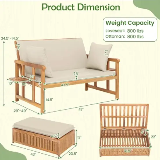 Costway Outdoor Wooden Daybed with 4-Level Backrest & Removable Cushions for Poolside image {2}