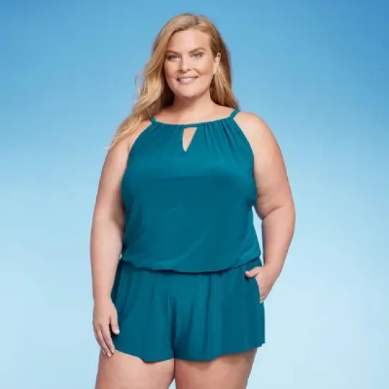 Women's UPF 50 High Neck Swim Romper with Pockets One Piece Swimsuit - Aqua Green&reg; image {8}