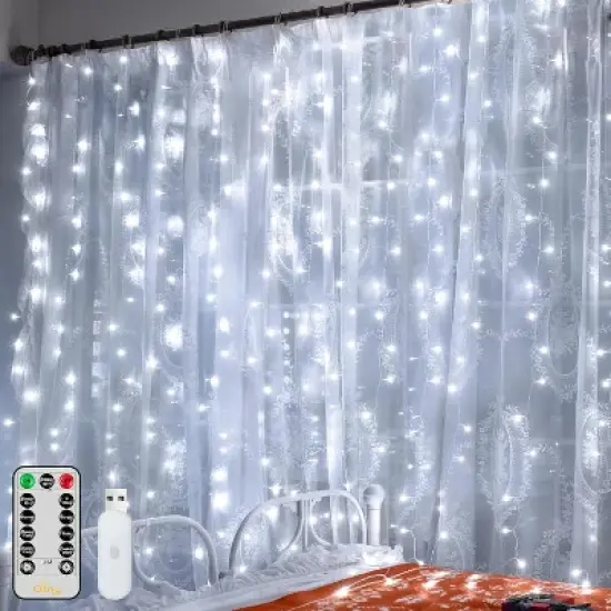Ollny 200 LED Cool White Curtain Lights (Clear Cable, USB, 8 Modes, IP44 Waterproof) image {12}