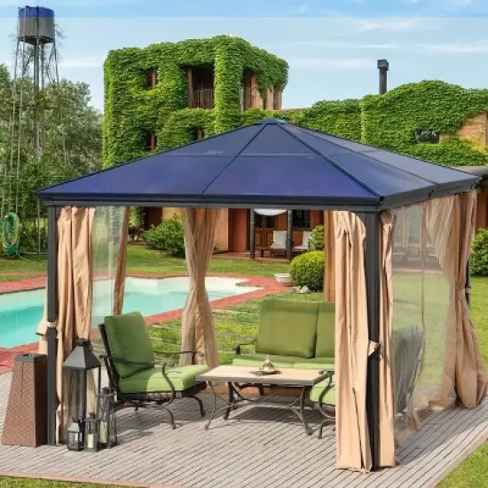 Aoodor 10'x 10' Patio Gazebo Polycarbonate Roof Black image {1}