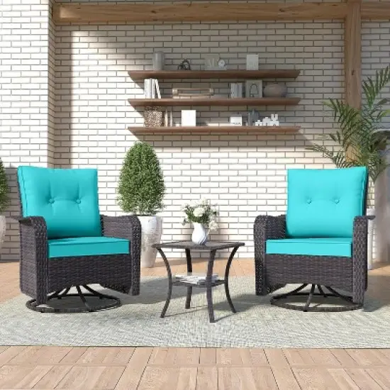 ALAULM Patio Furniture Set Outdoor Swivel Gliders Rocker, Wicker Patio Bistro Set, Rocking Chair with Tempered Glass Table and Thickened Cushions image {9}