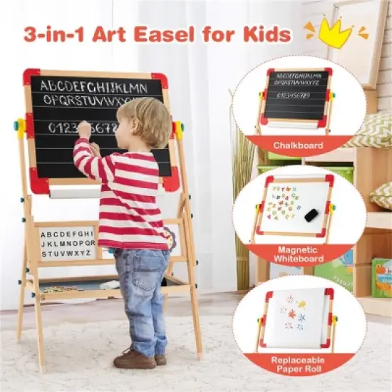 KTMBDW Kids Wooden Easel with Paper Roll - Adjustable Double Sided Drawing Board Whiteboard & Chalkboard Dry Easel Board, for 3~12 Years Kids image {10}