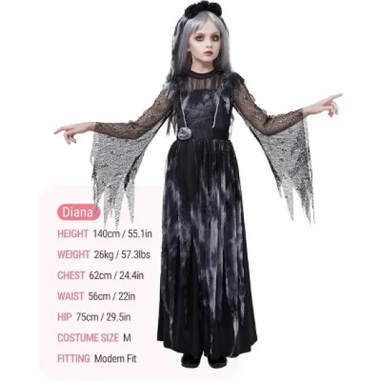 Joyfy Girls Princess Costume Halloween, Elegant Black Dress Halloween Costumes Outfit with Headband for Kids Halloween Ghost Role Play Party image {5}