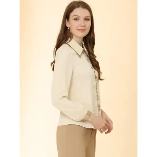 Allegra K Women's Contrast Collar Long Sleeve Office Button Down Shirts image {4}