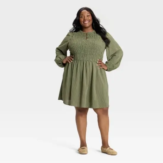 Women's Bishop Long Sleeve Button-Up Smocked Mini Dress - Ava & Viv&trade; image {2}