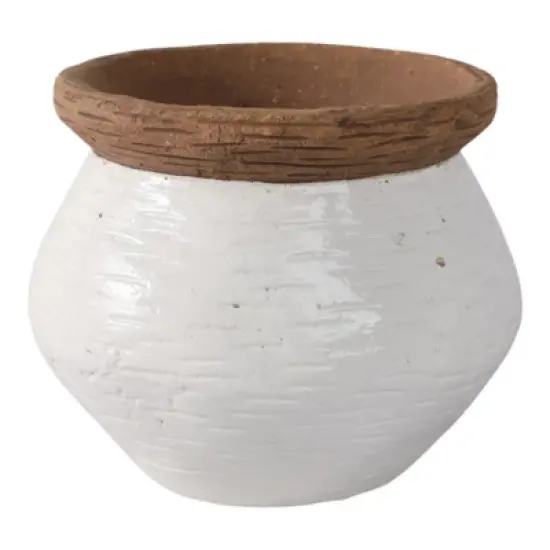Modern Ceramic Flower Pot and Planter - Indoor and Outdoor Use - Earthy Decorative Accent for Room, Garden, Patio, or Entryway Decor - 7" White & Tan image {3}