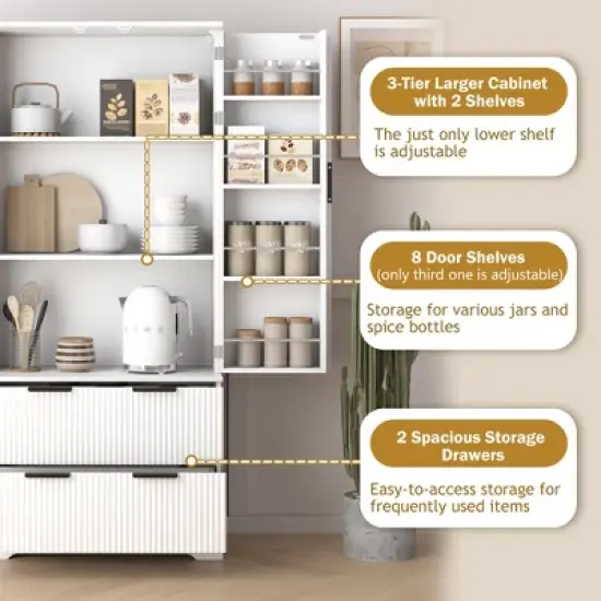 GDFStudio Lewis 71.65" Modern Fluted Kitchen Pantry Cabinet with 2 Large Drawers and 8-Door Spice Rack, White image {4}
