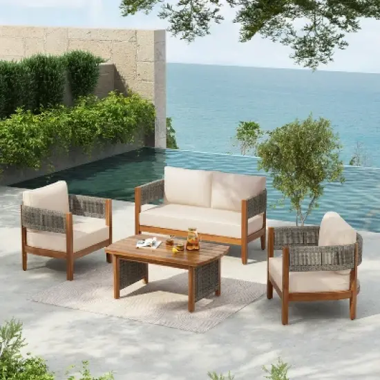 Christopher Knight Home Valentina Patio 4 Piece Rustic Rope Weave Acacia Wood Furniture Set with Cushions image {9}