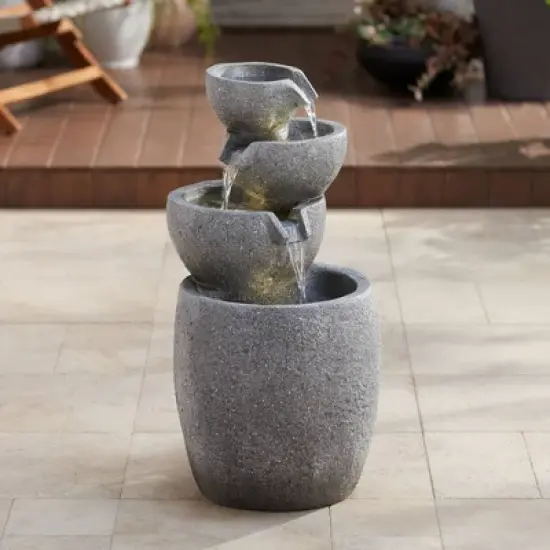 Four Bowls 32" High Large Zen Modern Indoor Outdoor Decor Gray Faux Stone Floor Fountain with Light LED Cascading Outside Garden image {1}