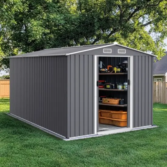 Syemin Deck Boxes,The Gardener's Retreat: Spacious Charcoal Shed,Perfect for Storing Gardening Essentials,Gray,143.4"*100.39"*76.38" image {5}