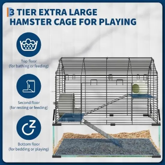 Acekool 3-Tier Large Hamster Cage, Metal & Glass Small Animal Habitat with Accessories, Transparent Cage for Guinea Pigs, Chinchillas, Hedgehogs image {2}