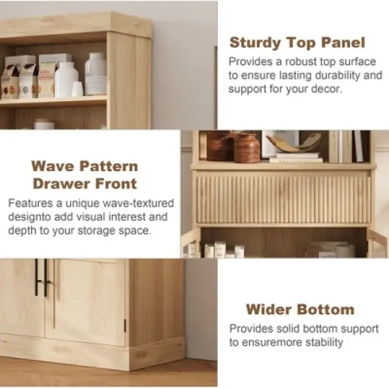 70" Tall Kitchen Pantry Cabinet, Storage Cabinet with Fluted Drawer & Glass Doors, Floor Cabinet for Office, Living Room, Entryway image {3}