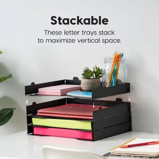 IRIS USA Metal Stackable Letter Tray Paper Organizer, Black, 4Pack image {3}