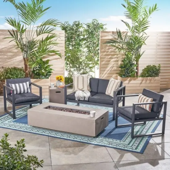 Navan 5pc Aluminum Chat Set with Fire Pit - Dark Gray/Black/Light Gray - Christopher Knight Home image {11}