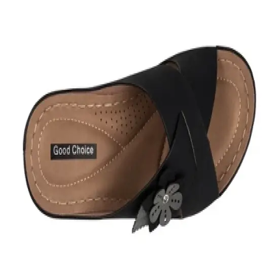 GC Shoes Selly Cross-Strap Flower Comfort Slide Wedge Sandals image {3}