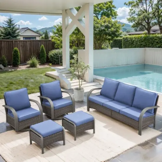 POCASSY 5PCS Outdoor Patio Furniture Set All-Weather Wicker Couch with Patio Swivel Rocking Outdoor Chairs and Ottomans, Patio Sofa Set for Backyard image {14}